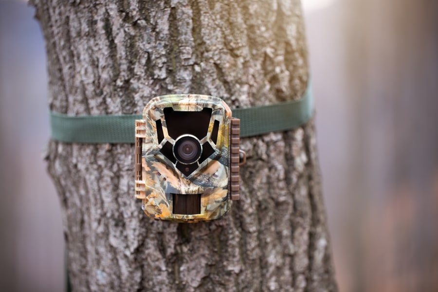 Trail camera for wildlife monitoring attached to a tree with green strap.